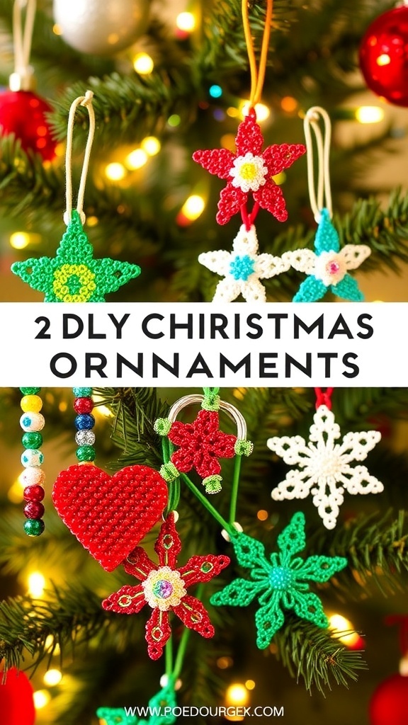 Colorful pony bead Christmas ornaments in star, heart, and snowflake shapes on a festive background.